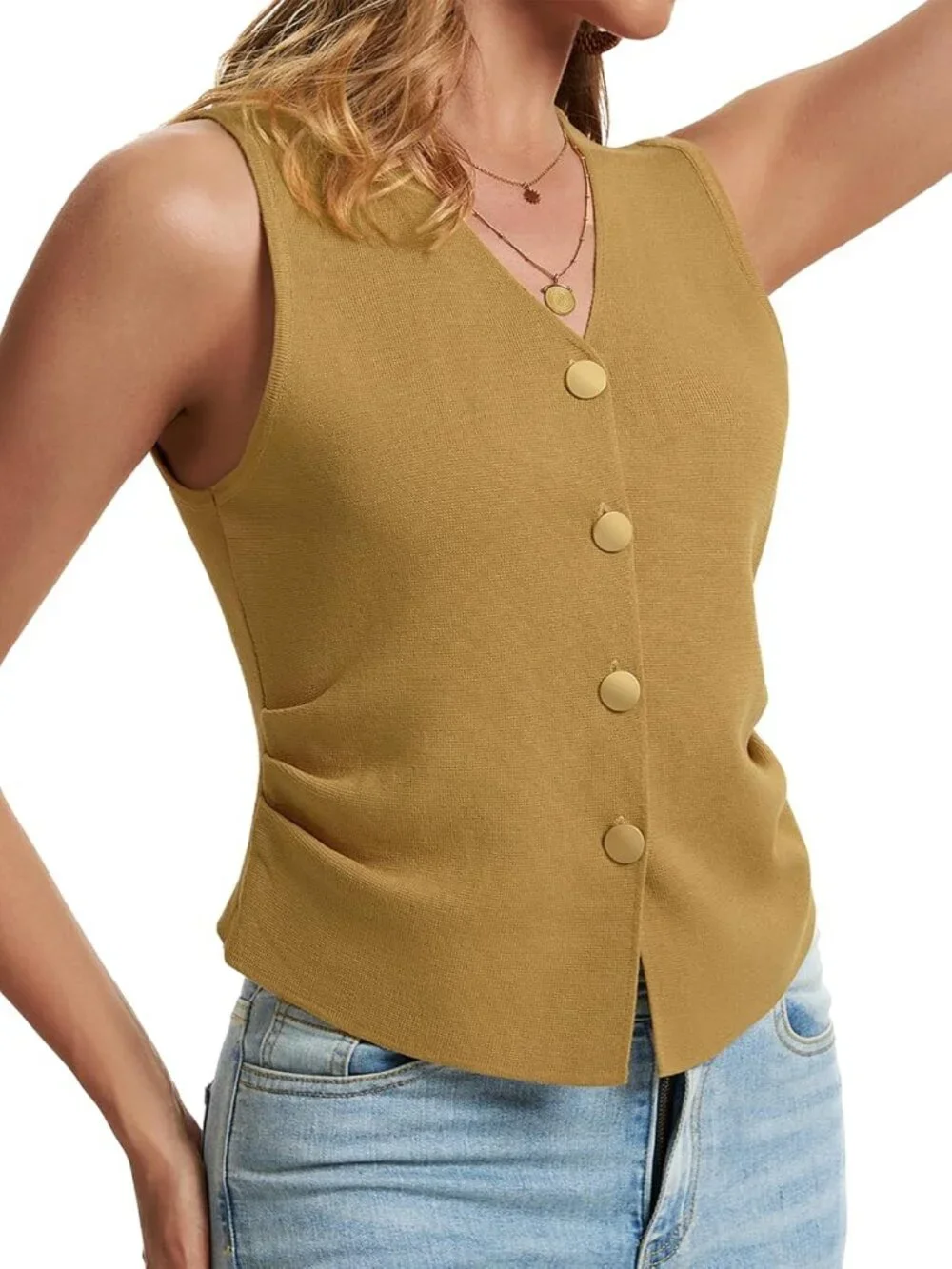 Women's Khaki Sleeveless Button Up Knit Imported Casual Sweater Vest Tank Tops
